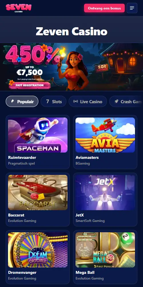 Seven Casino mobiele browserweergave op een smartphone met casinonavigatie