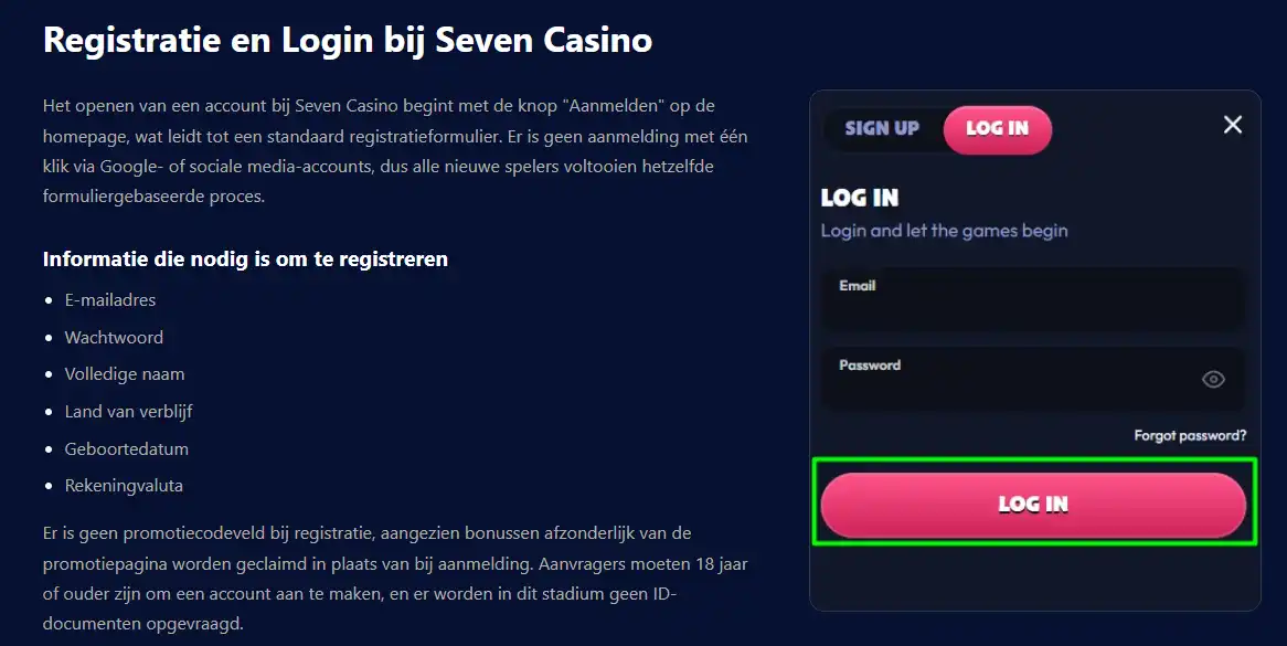 Seven Casino registratiescherm met accountvelden op de officiële website