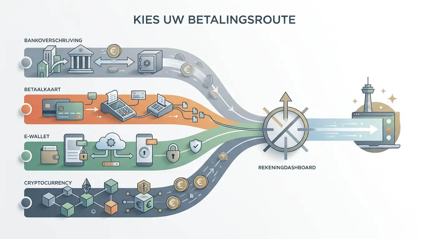 Overzicht van betaalroutes voor euro, bankkaart, e-wallet en crypto bij Seven Casino