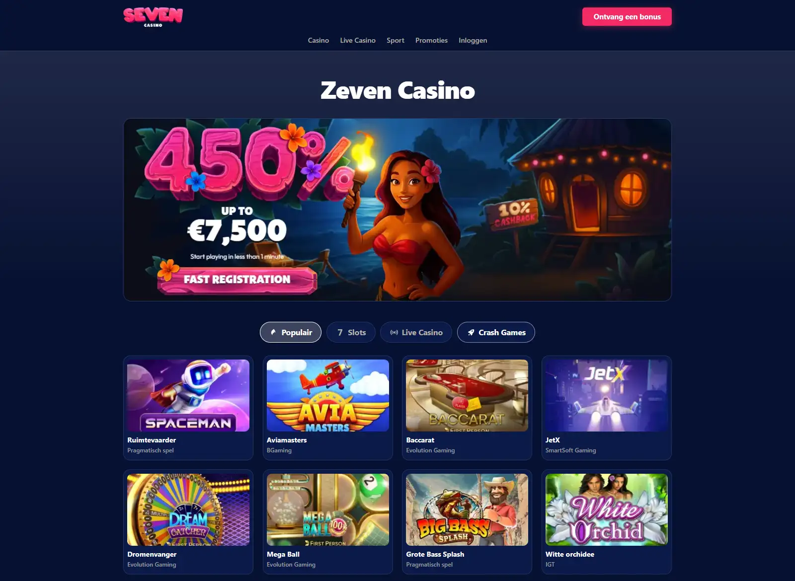 Seven Casino spellenlobby met zichtbare spelcategorieën en providers