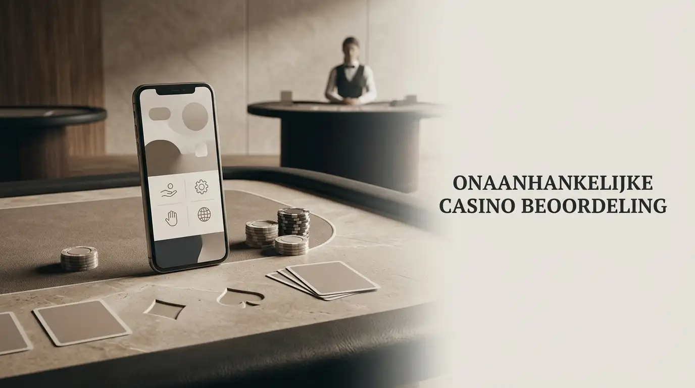 Illustratie van een online casino-overzicht met kaarten, live tafel en smartphone